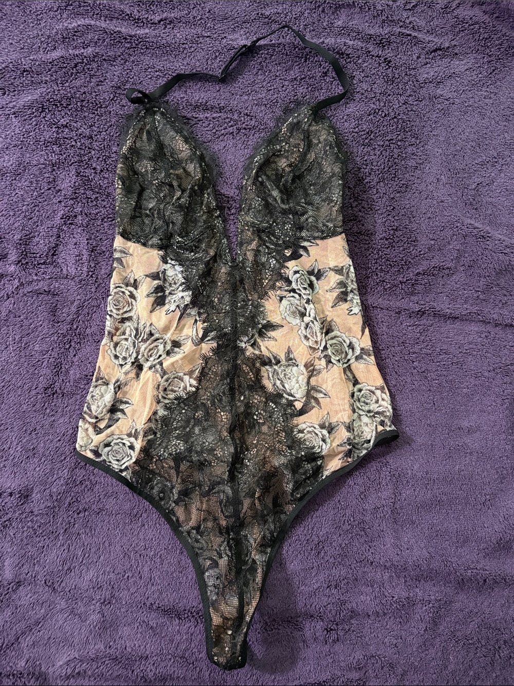 Victoria's Secret Black Lace Floral Mesh Bodysuit - Nude Base